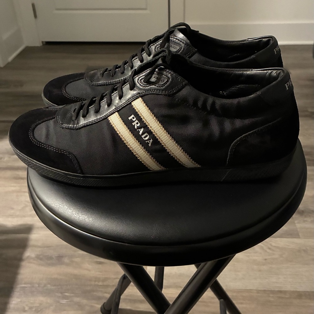 Prada Black Nylon Low-Top Sneakers with Cream Stripe